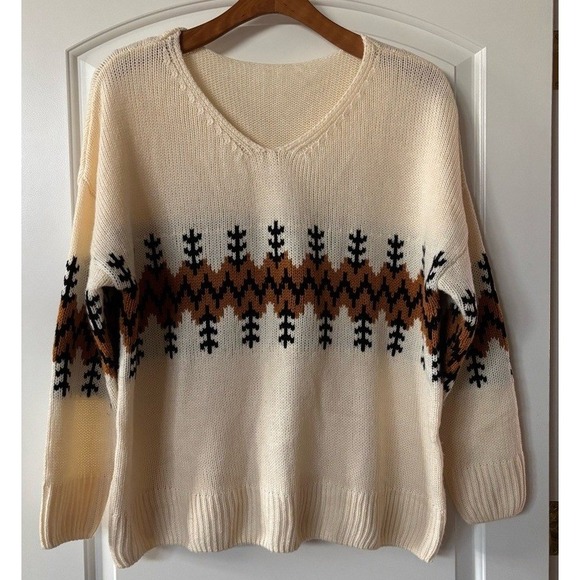 Vintage Sweaters - Sweater‎ Cream Brown y2k women's 2XL oversized V-neck Vintage chunky grunge boho